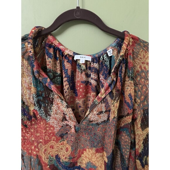 $326 A.L.C. Women Brown Dana Metallic‎ Stripe Long Sleeve Silk Blouse Top Size 4 - Picture 2 of 11